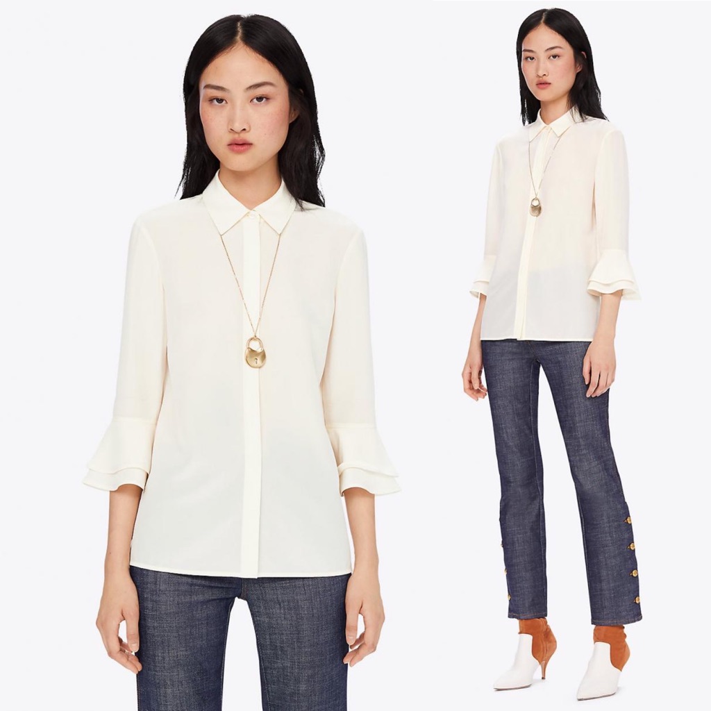 Tory Burch Cream Silk Button Up Adrienne Bell Sleeve Top 4